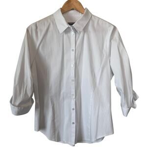 Lisette L Montreal White Button Down Blouse Size L Women’s Ruched Sleeve Cotton